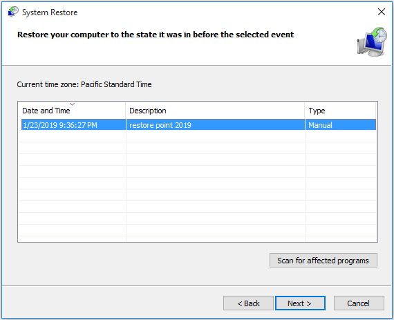 choose the target restore point