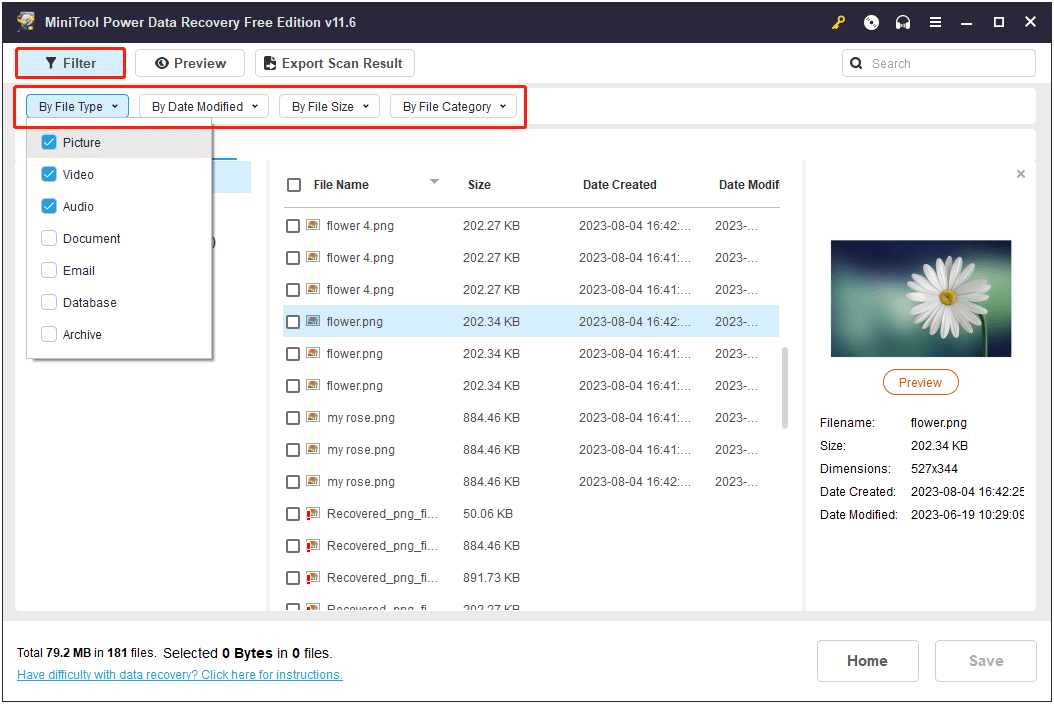 filter listed files