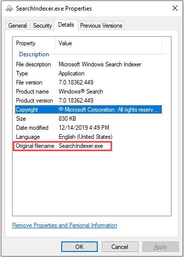 the properties of Microsoft Windows Search Indexer