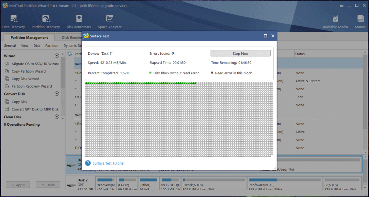 MiniTool Partition Wizard surface test