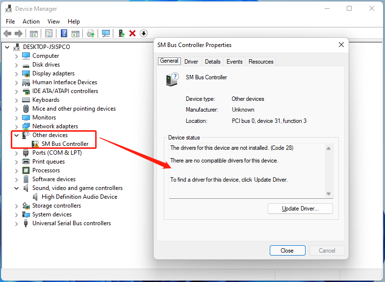 SM Bus Controller in Device Manager