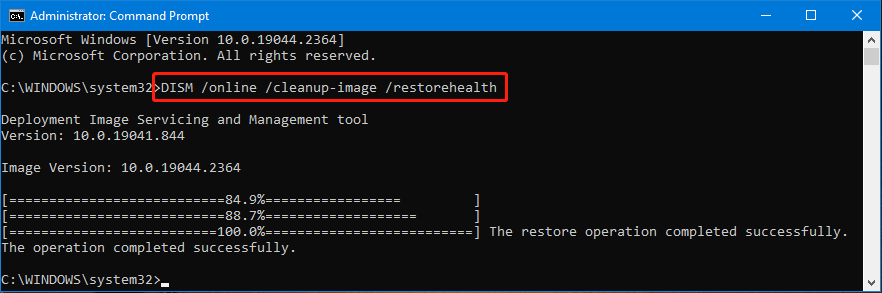 ejecute DISM /online /cleanup-image /restorehealth en Windows 10