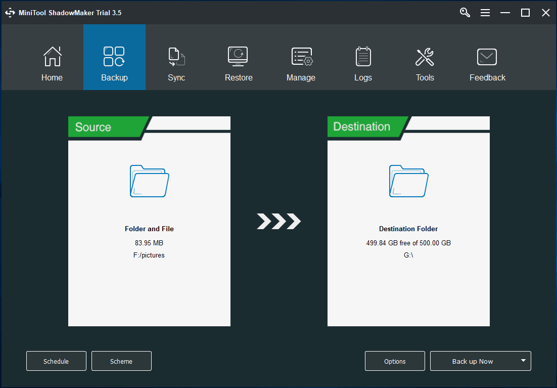 MiniTool ShadowMaker backs up files
