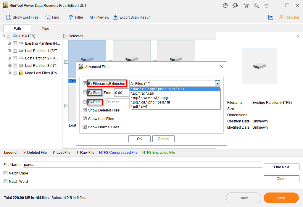 use Filter feature to find files