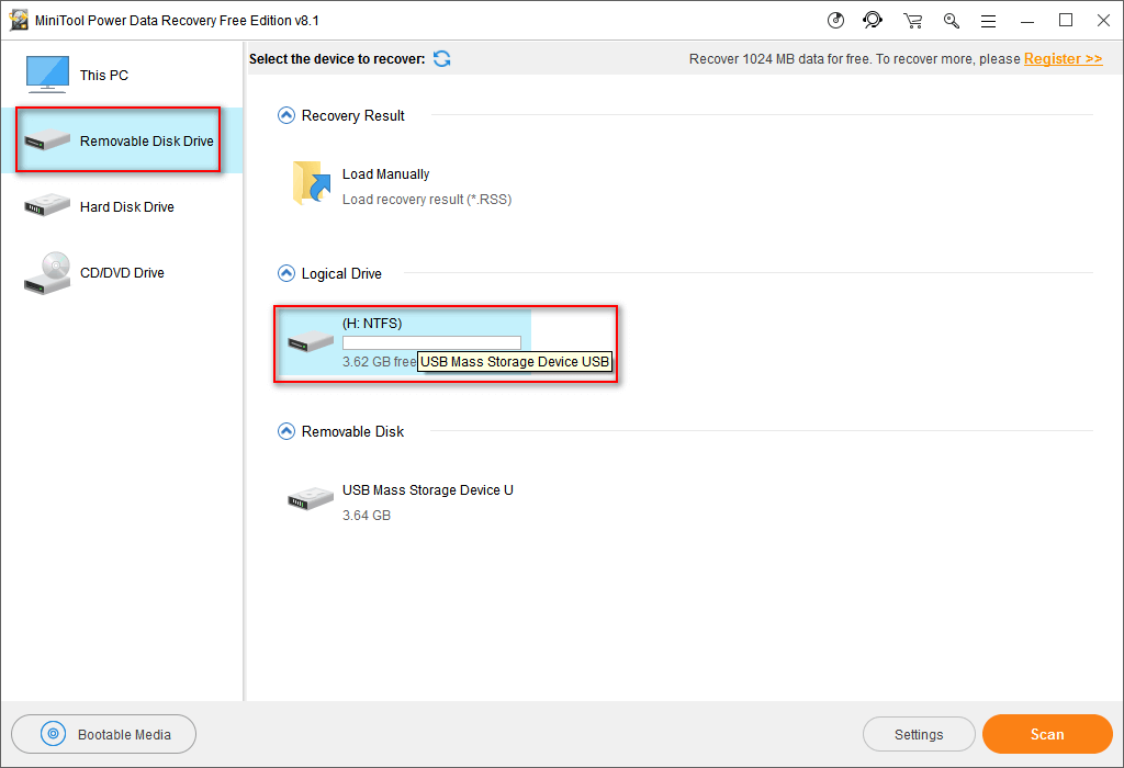 select Removable Disk Drive and press Scan