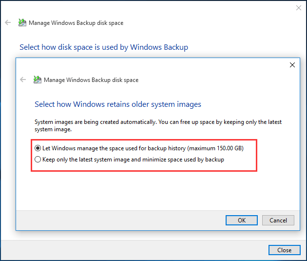 sélectionner la façon dont Windows conserve les anciennes images système