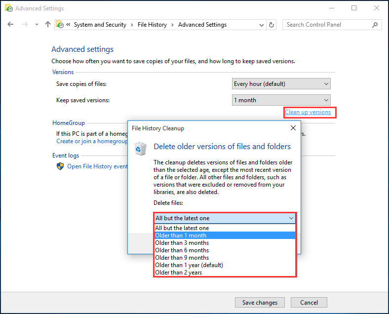 nettoyer les versions de sauvegarde de l'historique des fichiers