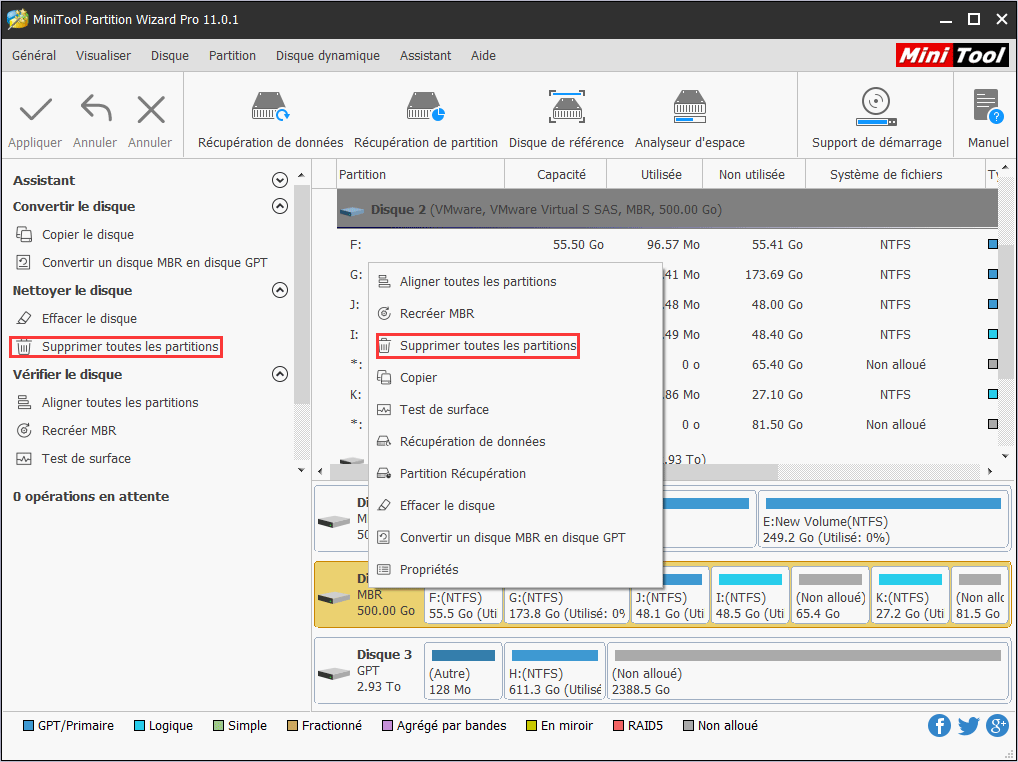 sélectionnez Supprimer toutes les partitions