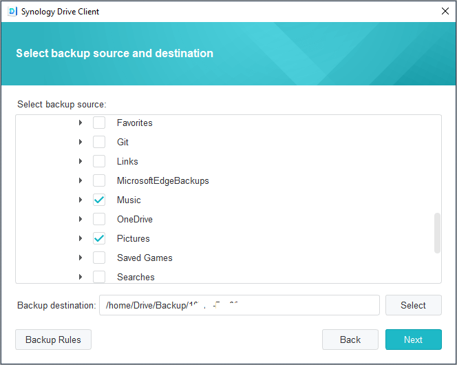 select backup source and destination in Synology Drive Client