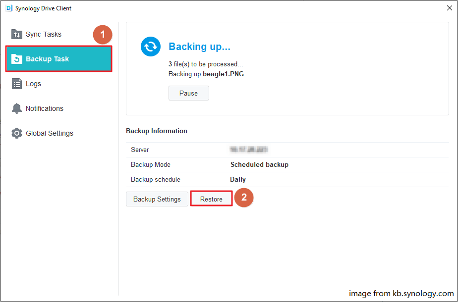 restore backup task in Synology Drive Client