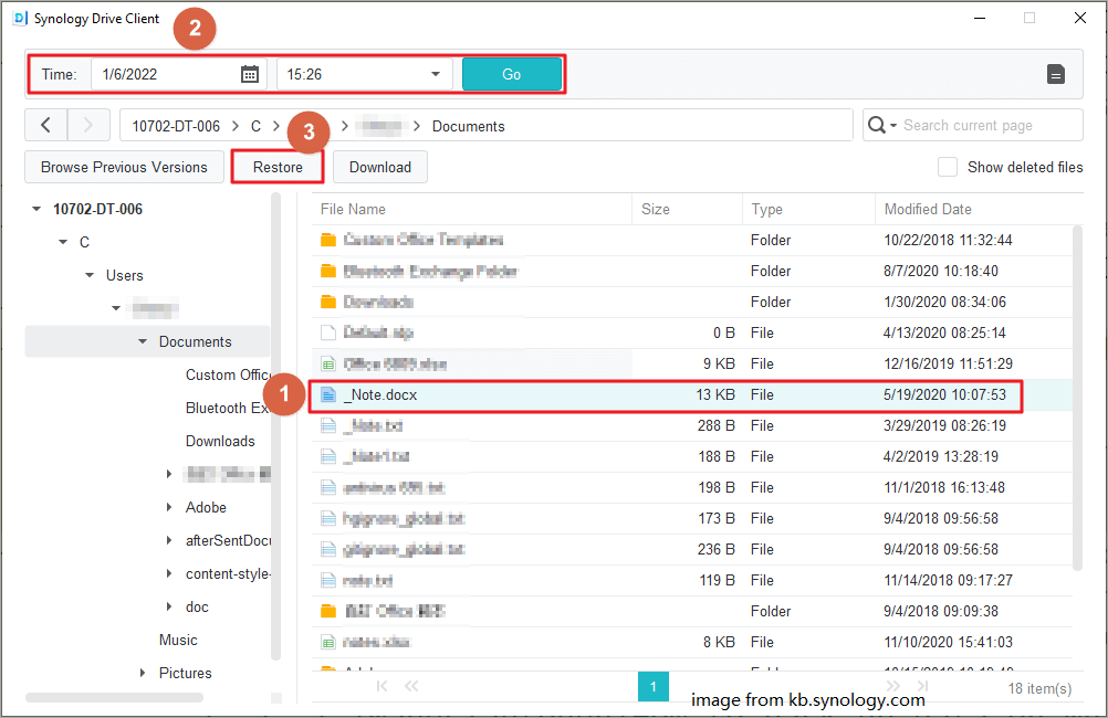 restore a specific time version of a file via Synology Drive Client