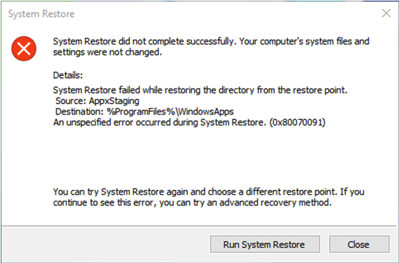 system restore error 0x80070091