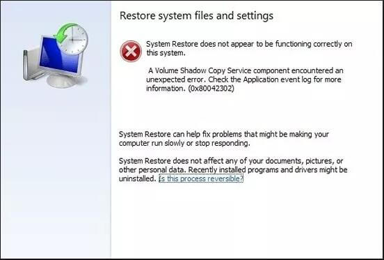 system restore does not appear to be functioning