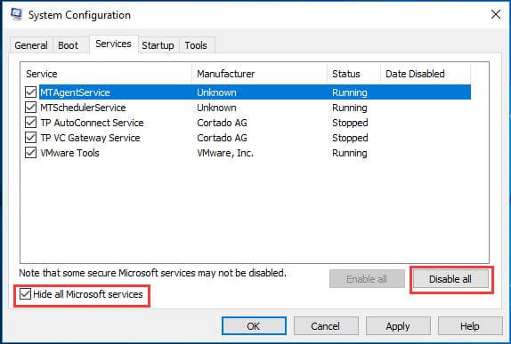check Hide all Microsoft services and click Disable all to continue