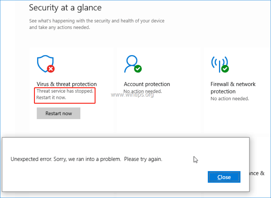 Windows Defender threat service has stopped restart it now