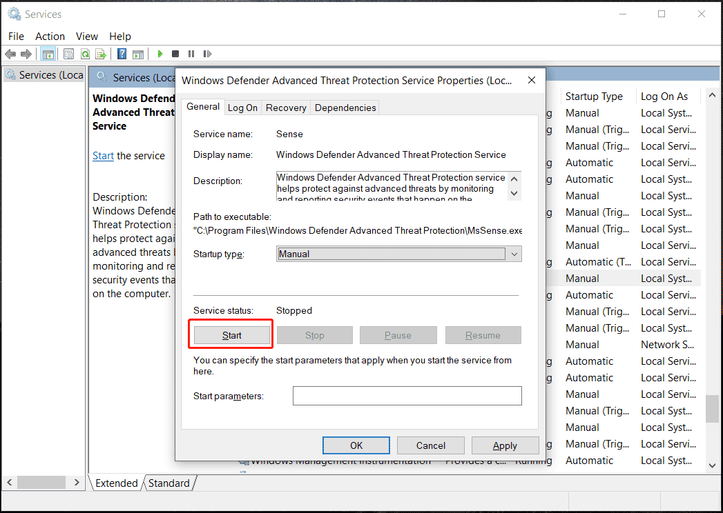 start Windows Defender Advanced Threat Protection Service