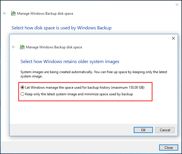 manage Windows backup disk space 