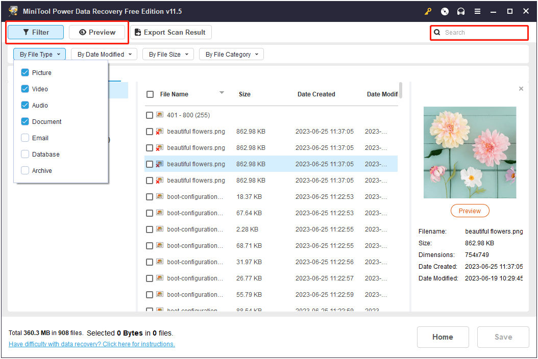 filter, search and preview found files