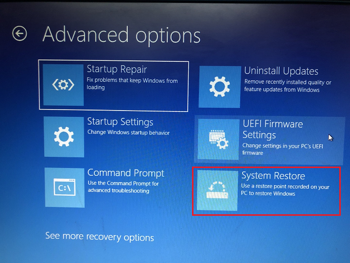 system restore in advanced recovery options