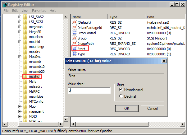 change value data of msahci key to 0