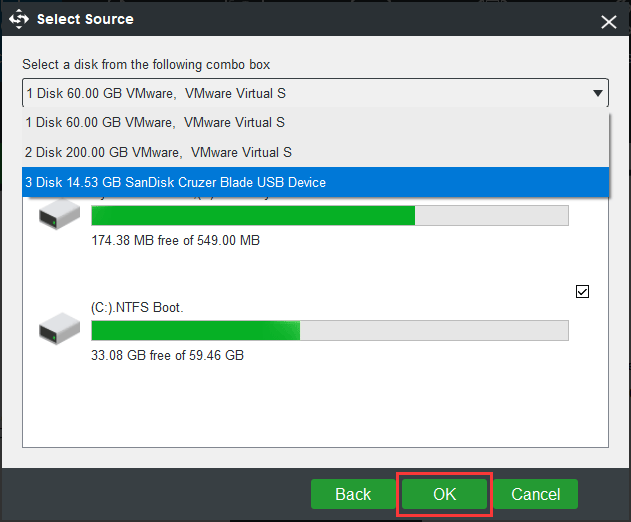 choose the backup source and click OK to continue