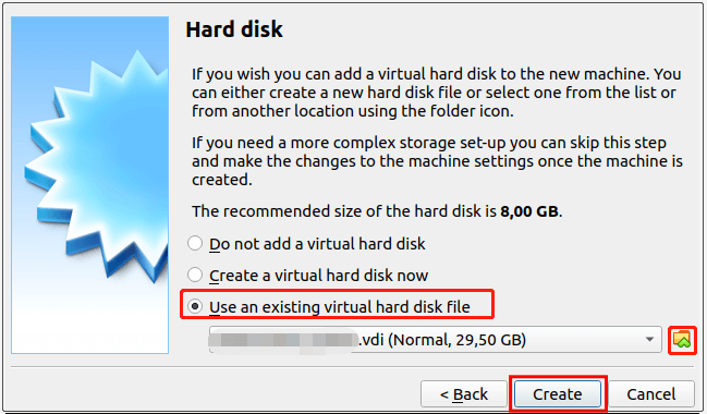 Use an existing virtual hard disk file for the VM