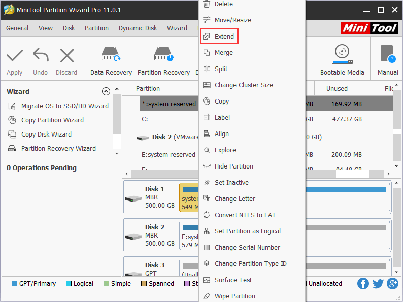 right-click the partition to be extended, and finally click Extend button