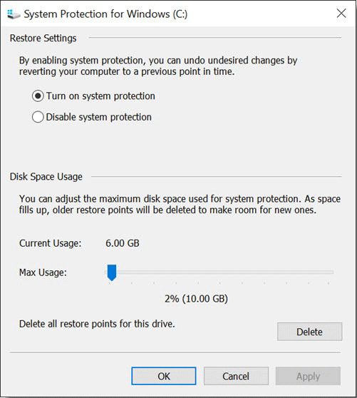 drag the block to adjust the max space usage for system restore points