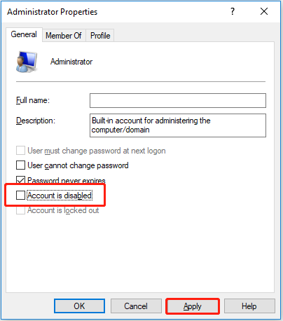 uncheck Account is disabled
