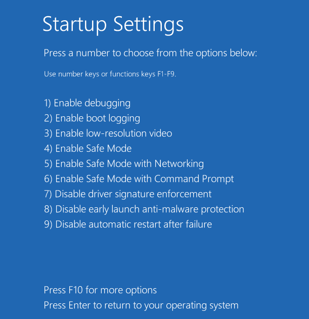 Windows 10 startup settings to enter safe mode