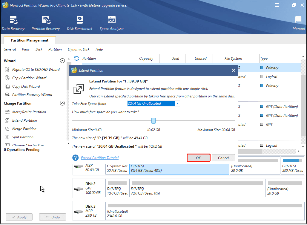 choisissez la partition pour prendre de l'espace libre et décidez de la quantité d'espace libre à prendre