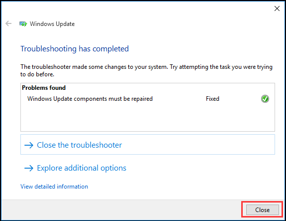 cliquez sur Fermer pour quitter l'utilitaire de résolution des problèmes de Windows Update