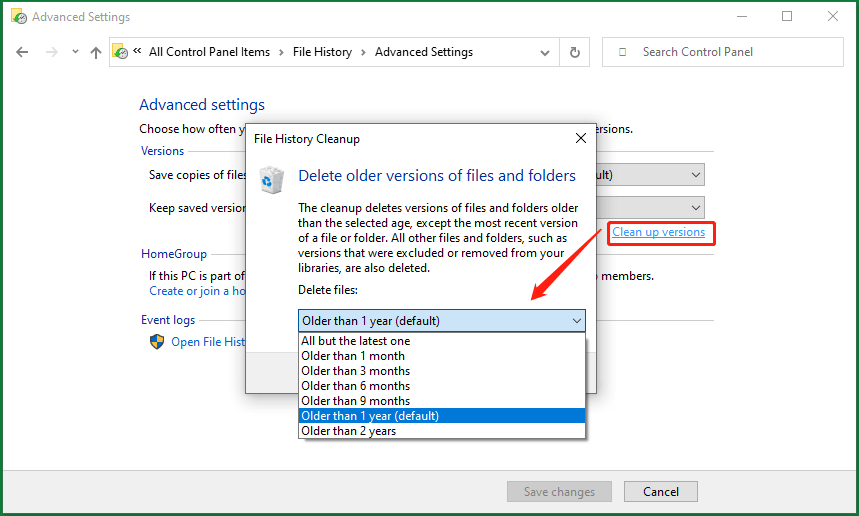 clean up File History versions in Control Panel