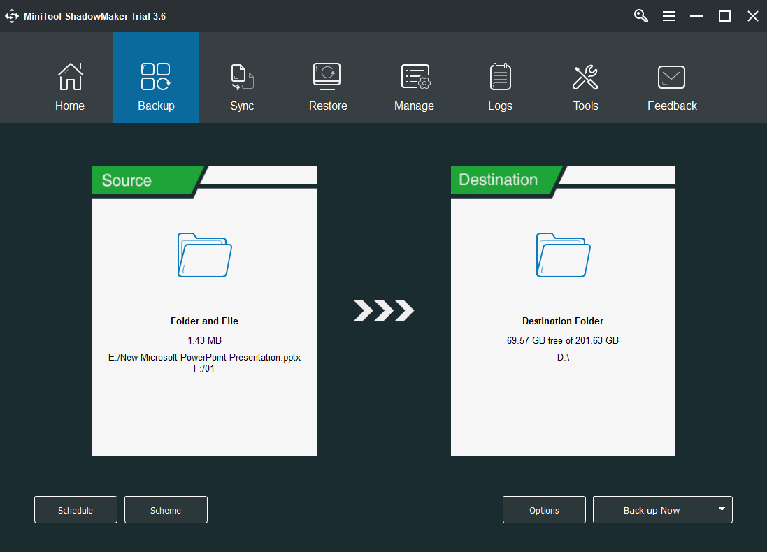 MiniTool ShadowMaker backup tab