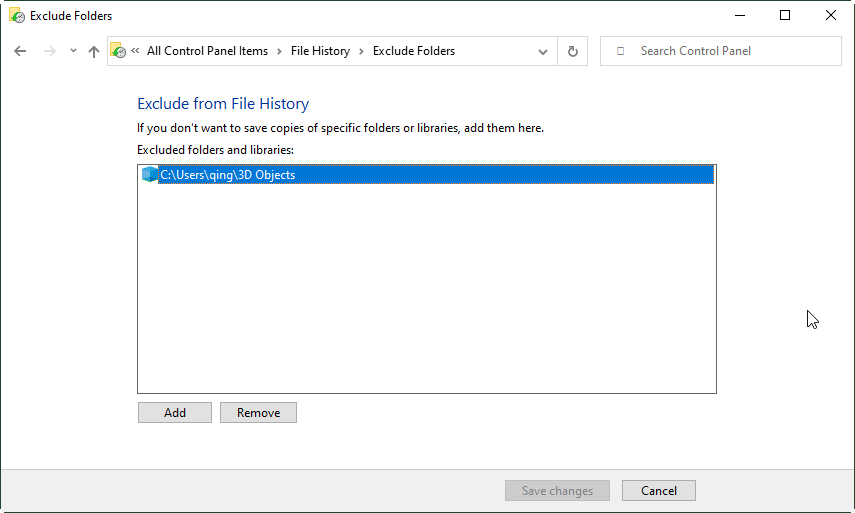 exclude folders from File History in Control Panel
