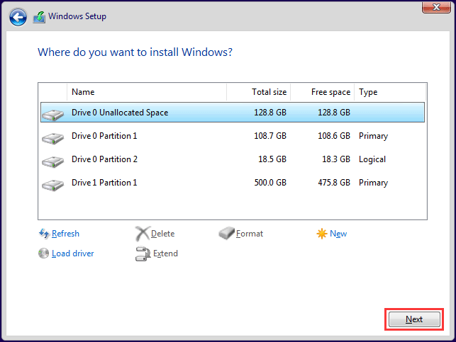 install os to unallocated partition