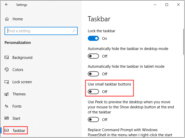 turn off the Use small taskbar buttons option