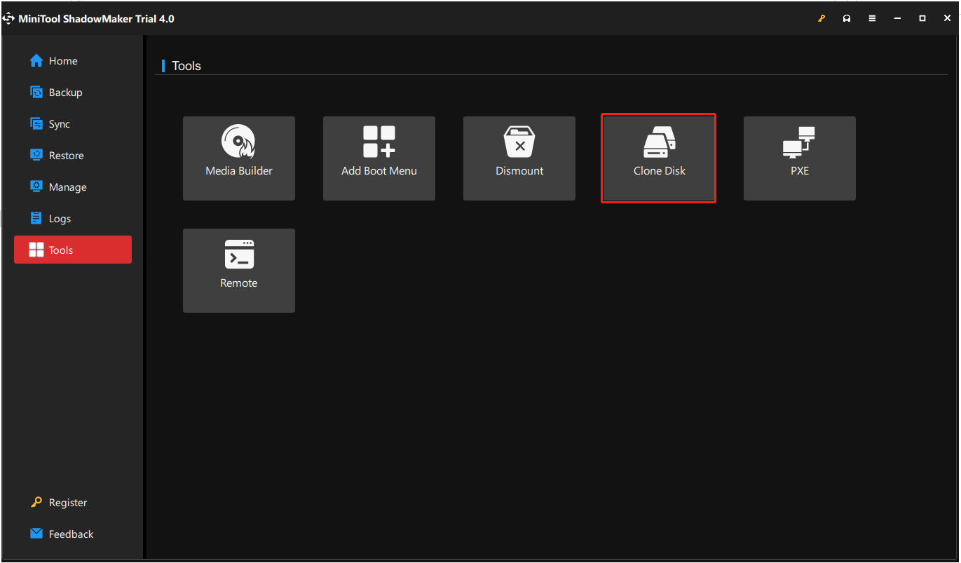 click Clone Disk feature in the Tools page to continue