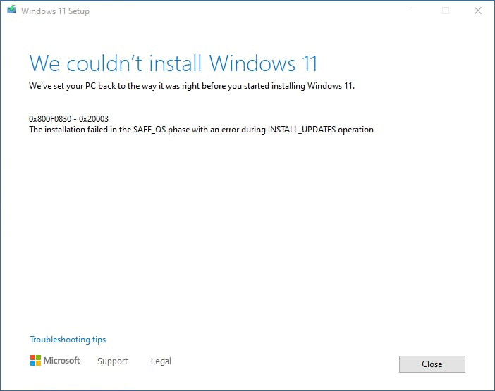 Windows 11 installation failed error 0x800F0830-0x20003