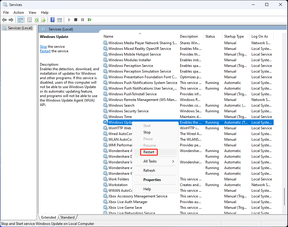 restart the Windows Update service