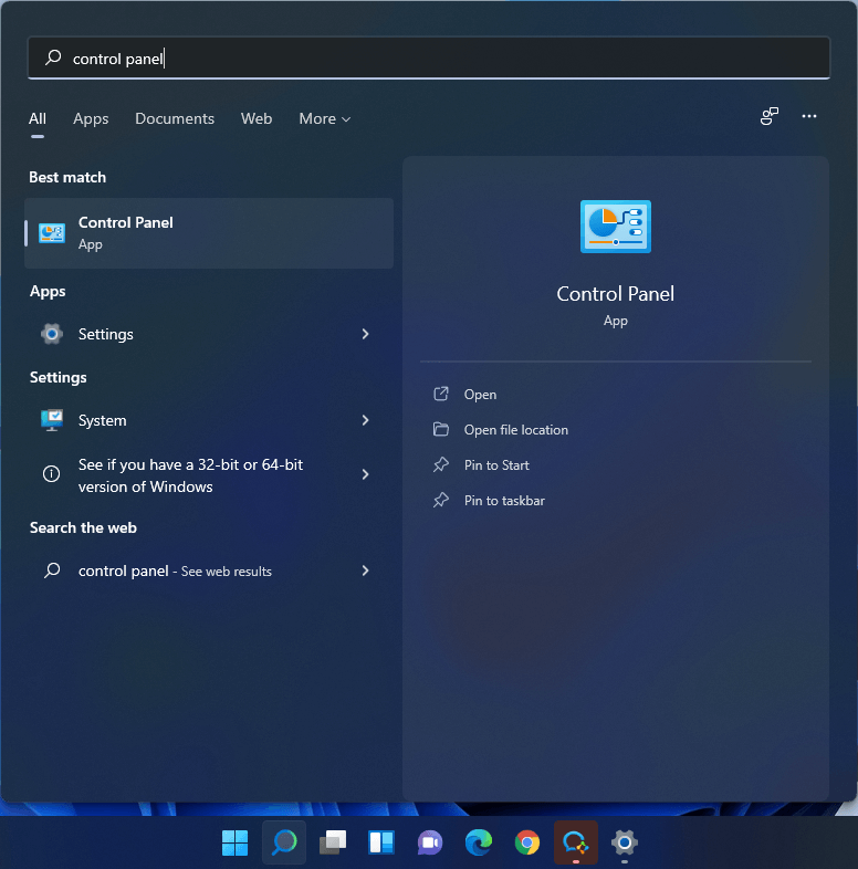 search for Control Panel in Windows 11
