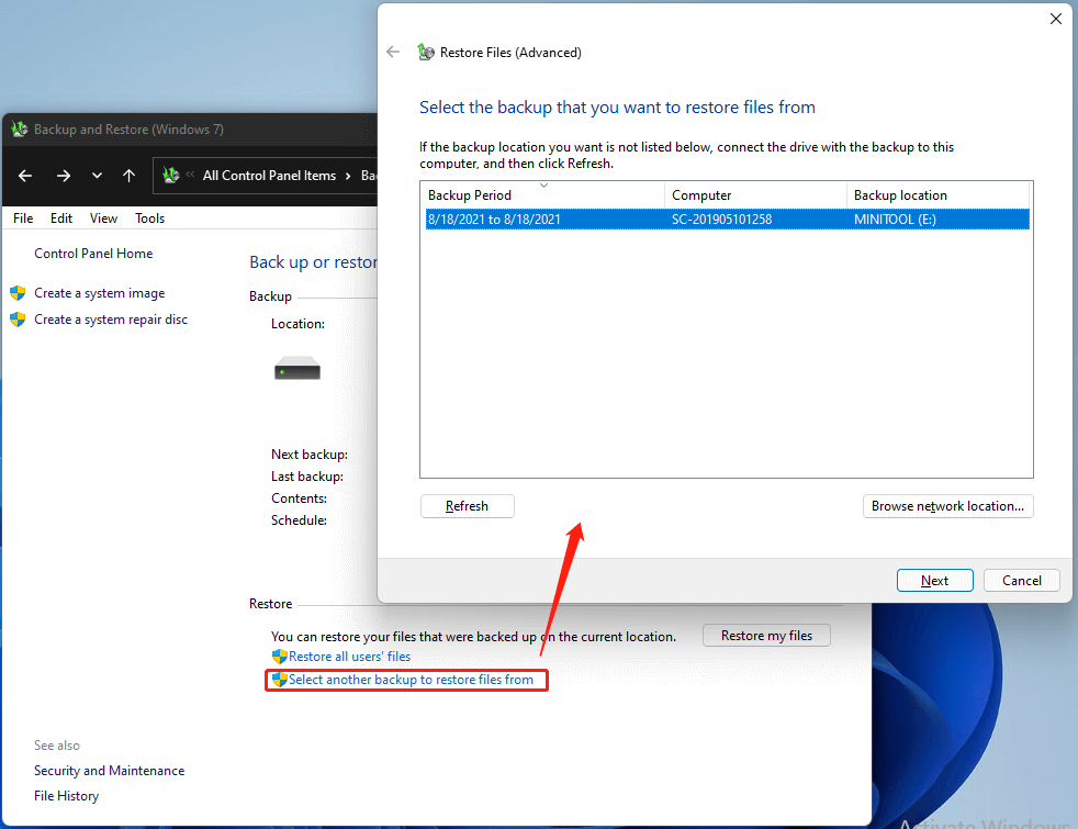 Windows 11 select another backup to restore files from