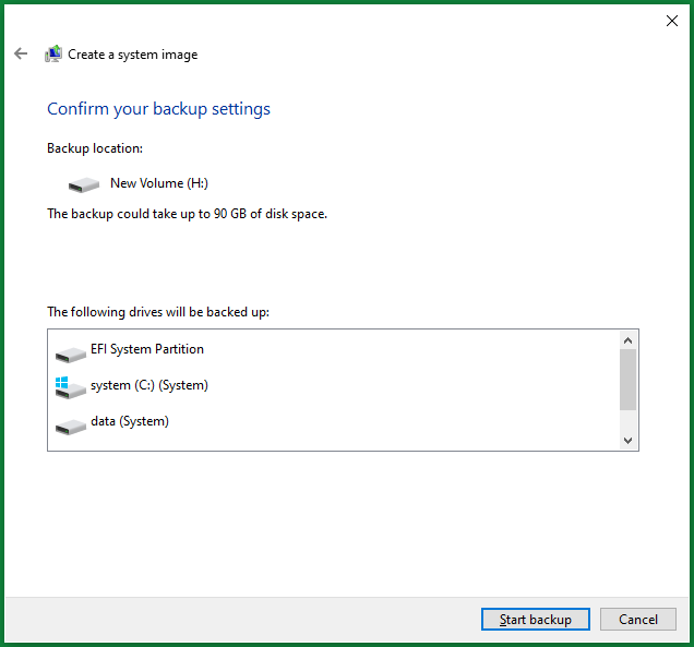 confirm Windows 11 system backup settings