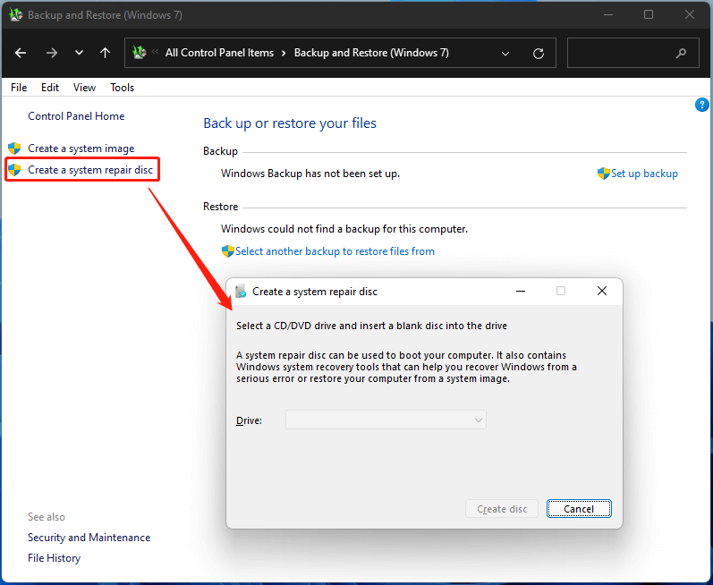 Windows 11 creates a system repair disc