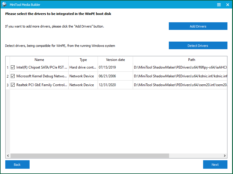 MiniTool Media Builder manage drivers