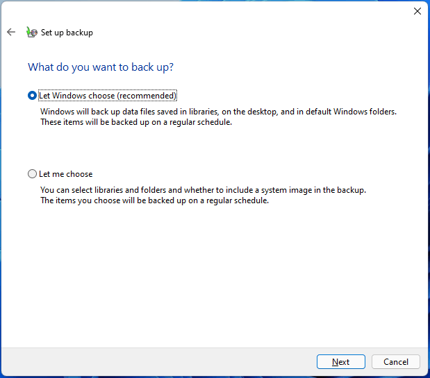 Windows 11 data backup source selection