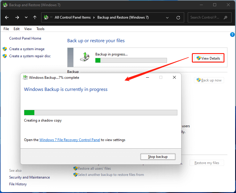 Windows 11 backup processing details