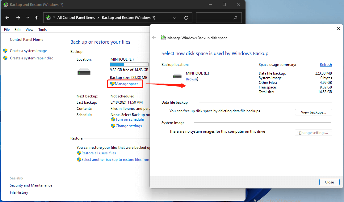 manage Windows 11 backup space