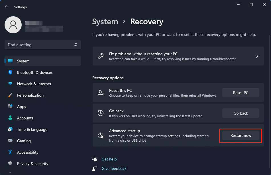 click restart now in Windows 11 Settings