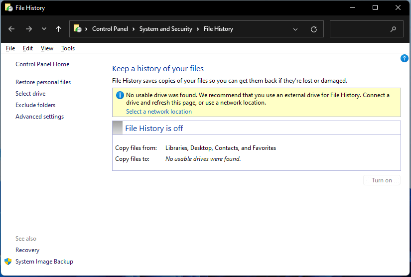 Windows 11 File History no usable drive were found